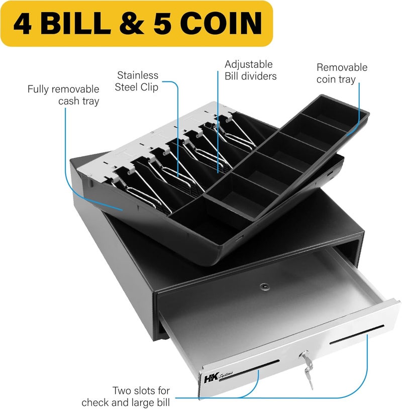 HK SYSTEMS 13inch "Stainless Steel" Front Heavy Duty Black POS Interface Cash Drawer with 4Bill/5Coin - Image 4